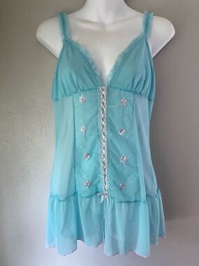 Y2K Sheer Aqua Lace-Front Babydoll Chemise - Women Intimates